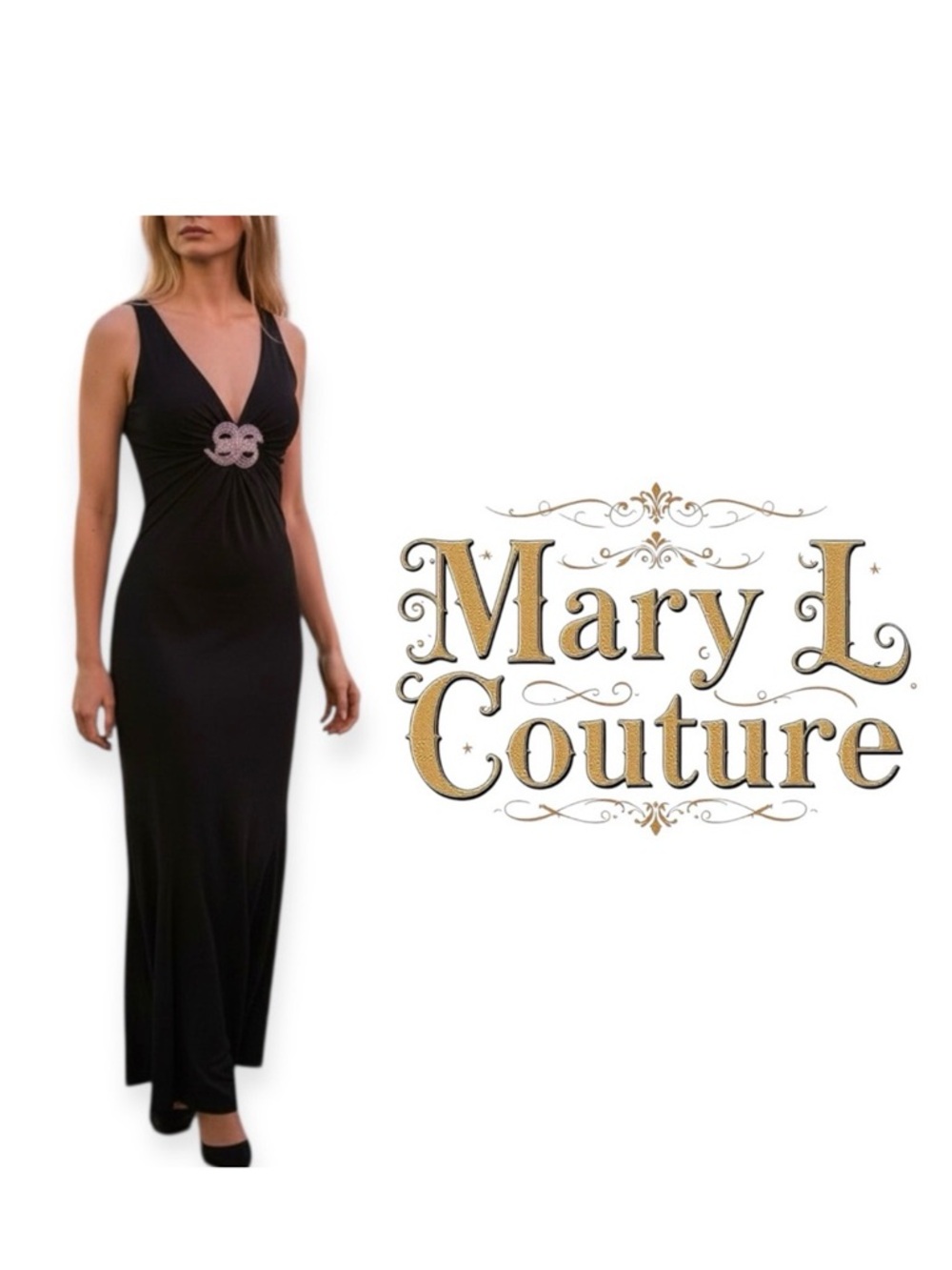 Mary L. Couture Black Jersey Halter Open Back Long Gown Rhinestone Brooch 10